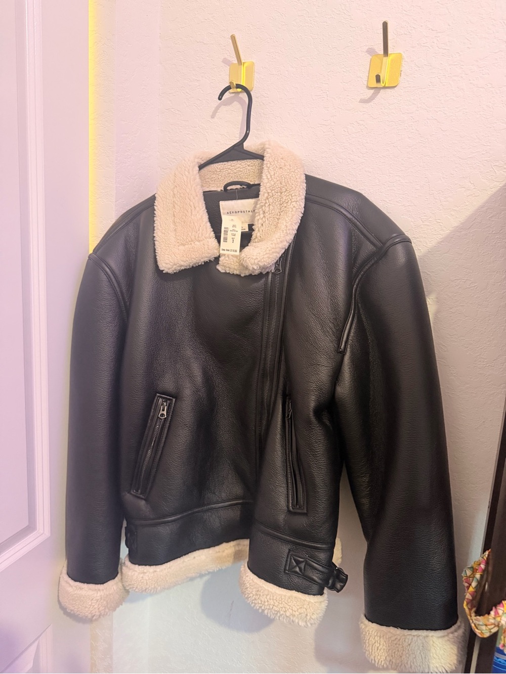 Aeropostale Black Faux Leather Jacket with Cream Shearling Trim